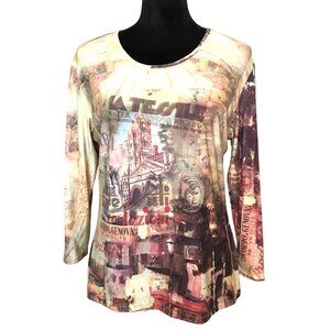 Artsy Retro Shirt Y2K All Over Print Top Italy VTG Caia, 3/4 Sleeves Size L